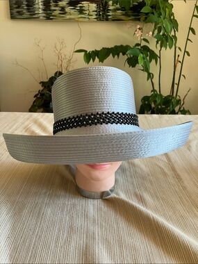 Elegant Wide-Brim Gray Satin Ribbon Hat with Black Beaded Rhinestone Trim